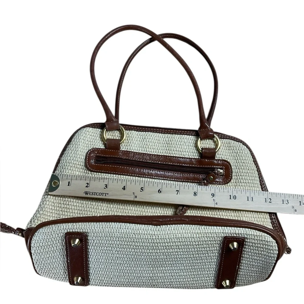 Giani Bernini Off-White Straw Top Handle Brown Leather Accent Satchel Purse Bag